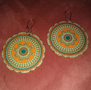 🪷SALE Wood Flower Mandala Earrings Big Bohemian Round Turquoise Blue Orange New